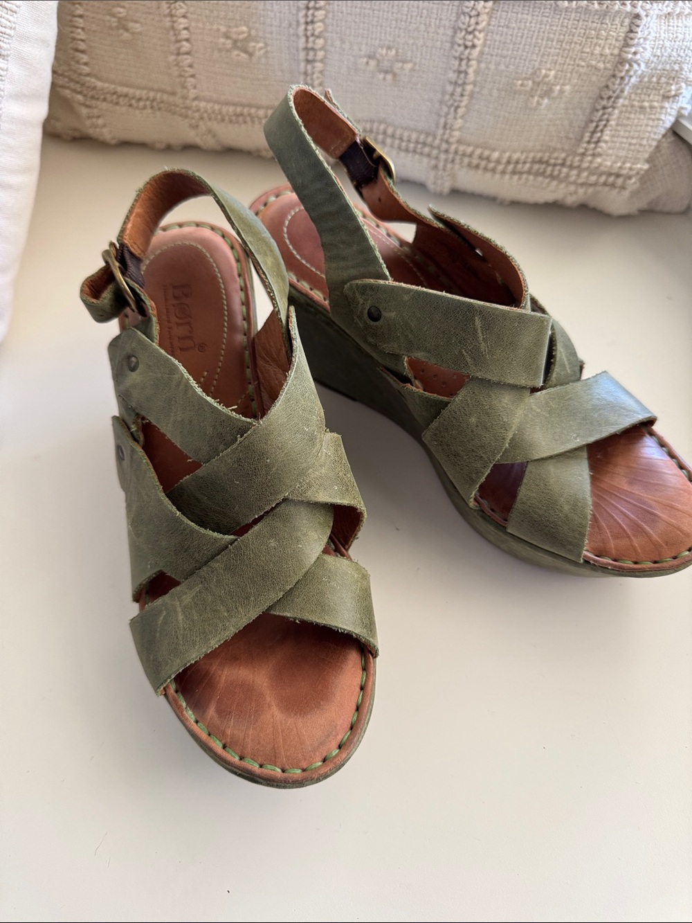 Born Olive Green Leather Crisscross Wedge Sandals